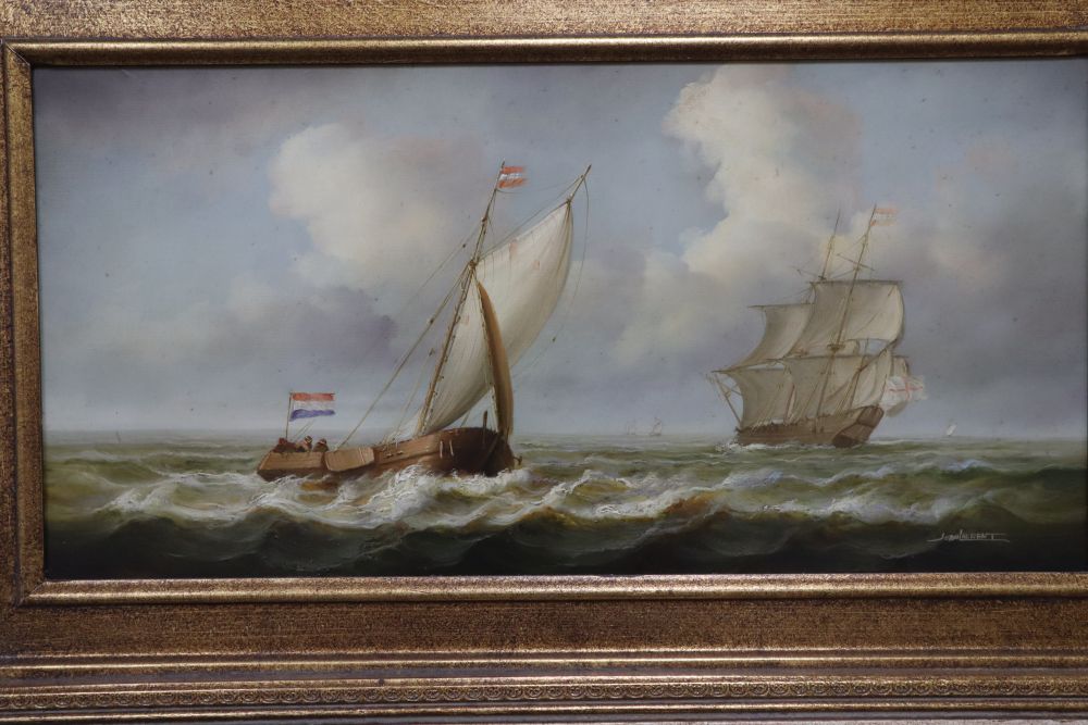 Jean Laurent (1898-1988), oil on canvas, Sail barge and other shipping at sea, 29 x 60cm